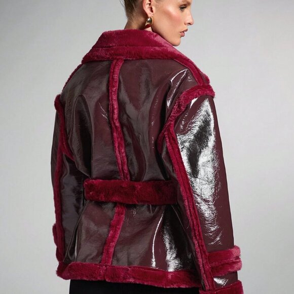 Burgundy Casual Women's Faux fur detailed Long Sleeve Faux Leather Jacket Coat - Picture 3 of 7